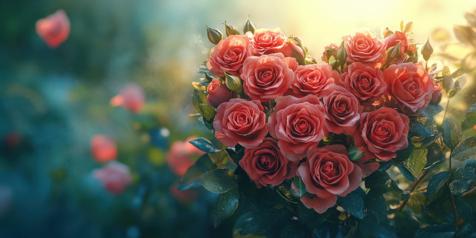 Roses arranged in a heart shape basking in warm sunlight during a tranquil afternoon